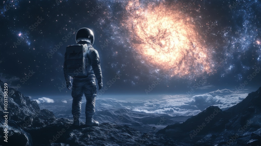Obraz premium Astronaut exploring alien landscape, gazing at a vibrant galaxy in space