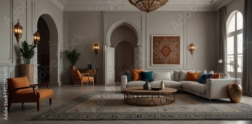 minimalist moroccan style interior design living room. Moroccan living room, rich Moorish style, Marrakech evening view.