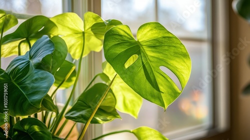 Monstera Plant Leaves Illuminated by Sunlight Through Window