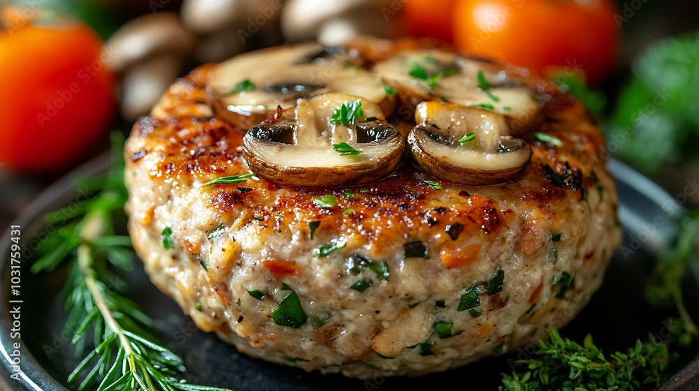 a gourmet mushroom-based burger patty with fresh ingredients, ready for grilling on a rustic background. a gourmet mushroom-based burger patty with fresh ingredients, ready for grilling on a rustic background.