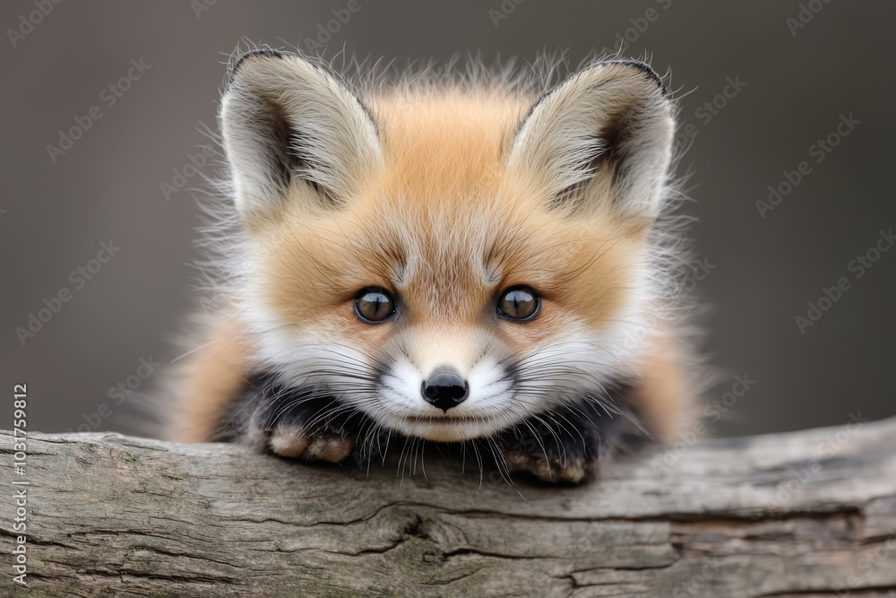 A tight shot of a baby fox on a tree branch, its head at rest upon its hind legs A tight shot of a baby fox on a tree branch, its head at rest upon its hind legs