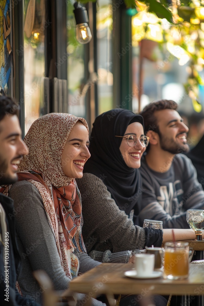 A group of diverse Muslim friends, laughing and chatting while sitting at coffee terrace, A group of diverse Muslim friends, laughing and chatting while sitting at coffee terrace,