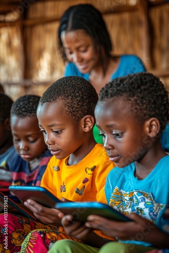 A group of children sitting together in a classroom, using tablets for an interactive learning activity, with a teacher