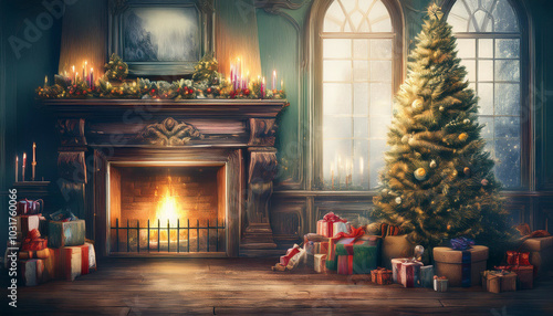 Wallpaper Mural 暖炉の前に置かれたプレゼント 015 Torontodigital.ca
