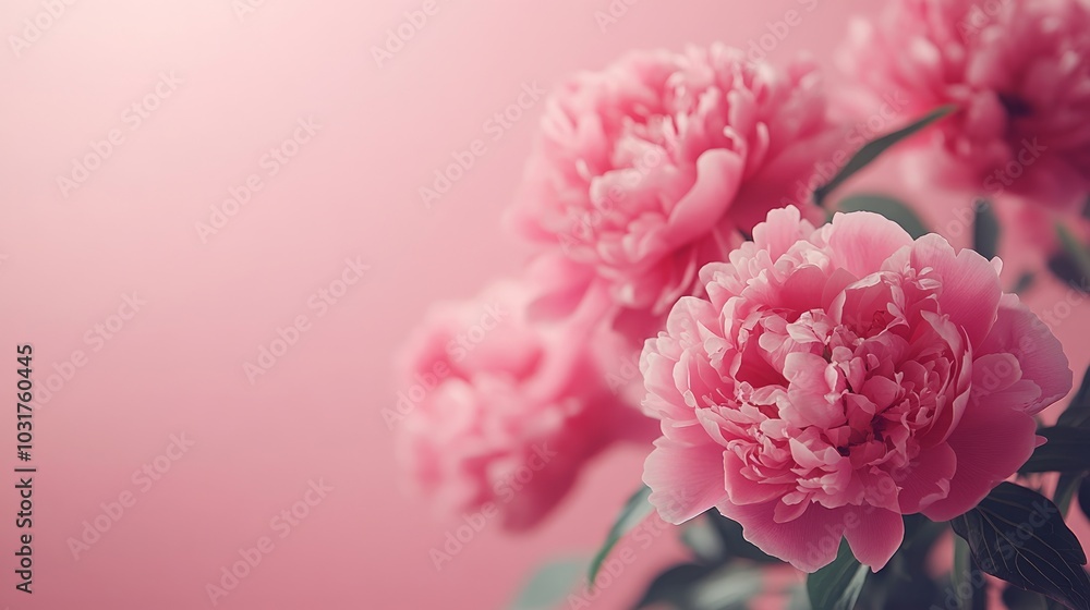 Soft pink peonies with green leaves against a blurred pink background. Soft pink peonies with green leaves against a blurred pink background.