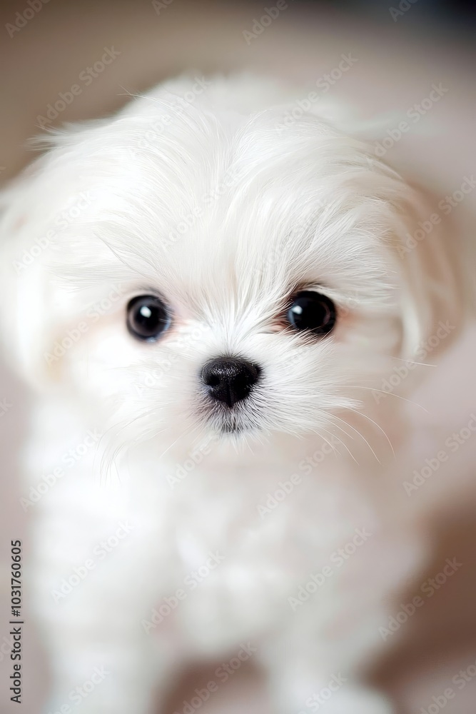A tight shot of a small white pooch with a black snout, its head filled with snowy fur, gazes directly into the lens A tight shot of a small white pooch with a black snout, its head filled with snowy fur, gazes directly into the lens
