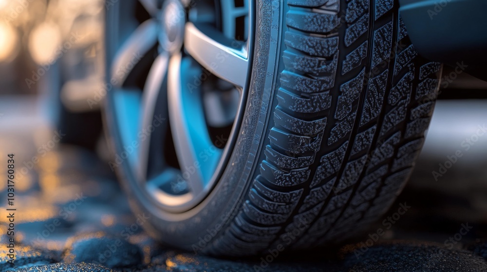 Close-up of a Car Tire on Wet Cobblestones Close-up of a Car Tire on Wet Cobblestones