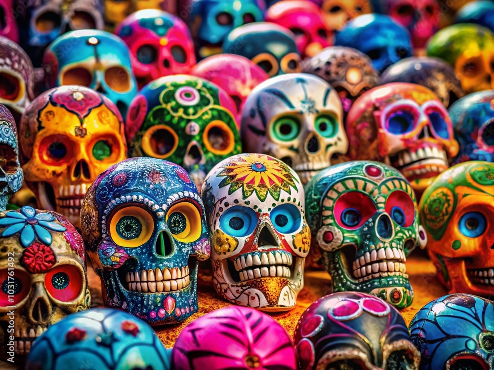 Vibrant Day of the Dead Skulls Pattern with Bokeh Effect for Dia de los Muertos Celebrations Vibrant Day of the Dead Skulls Pattern with Bokeh Effect for Dia de los Muertos Celebrations