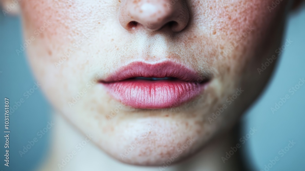Fototapeta premium A tight shot of a woman's freckled face, her nails also bearing the distinctive marks