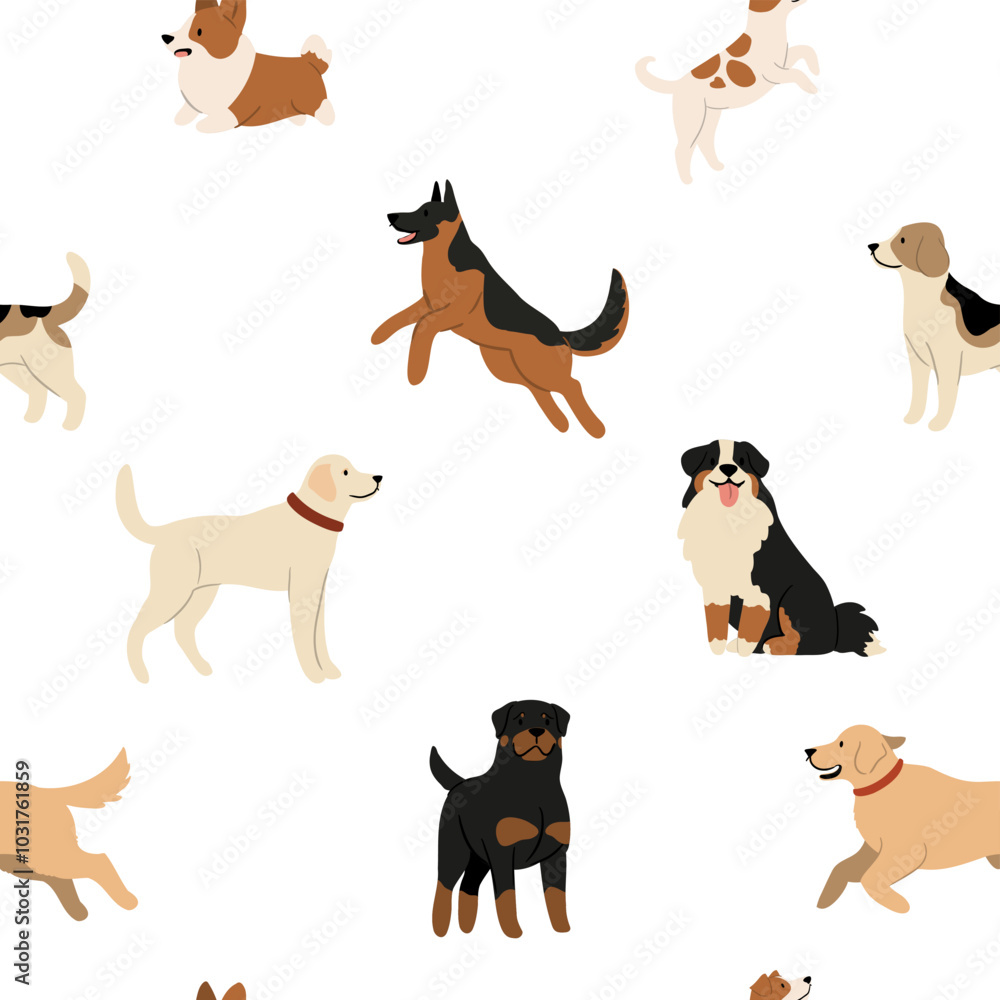 Fototapeta premium Seamless pattern with an array of beloved dog breeds, including Labradors and French Bulldogs, in a playful hand-drawn style. Joy of pets in a modern and minimalist design. Flat vector illustration