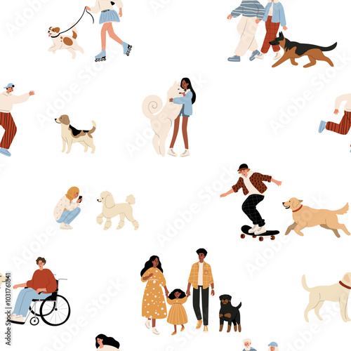 seamless pattern features playful puppies and diverse people enjoying a park setting. The vibrant illustration celebrates multiculturalism and creates a cheerful backdrop for various applications.