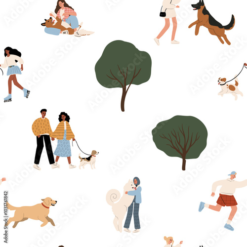 seamless pattern features playful puppies and diverse people enjoying a park setting. The vibrant illustration celebrates multiculturalism and creates a cheerful backdrop for various applications.