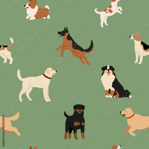 Seamless pattern with an array of beloved dog breeds, including Labradors and French Bulldogs, in a playful hand-drawn style. Joy of pets in a modern and minimalist design. Flat vector illustration
