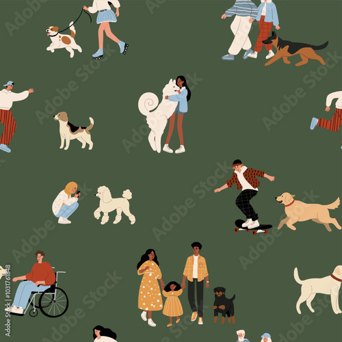seamless pattern features playful puppies and diverse people enjoying a park setting. The vibrant illustration celebrates multiculturalism and creates a cheerful backdrop for various applications.