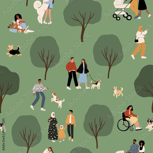 seamless pattern features playful puppies and diverse people enjoying a park setting. The vibrant illustration celebrates multiculturalism and creates a cheerful backdrop for various applications.