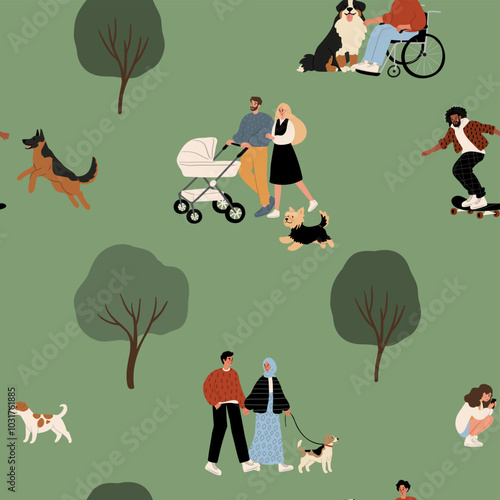 seamless pattern features playful puppies and diverse people enjoying a park setting. The vibrant illustration celebrates multiculturalism and creates a cheerful backdrop for various applications.