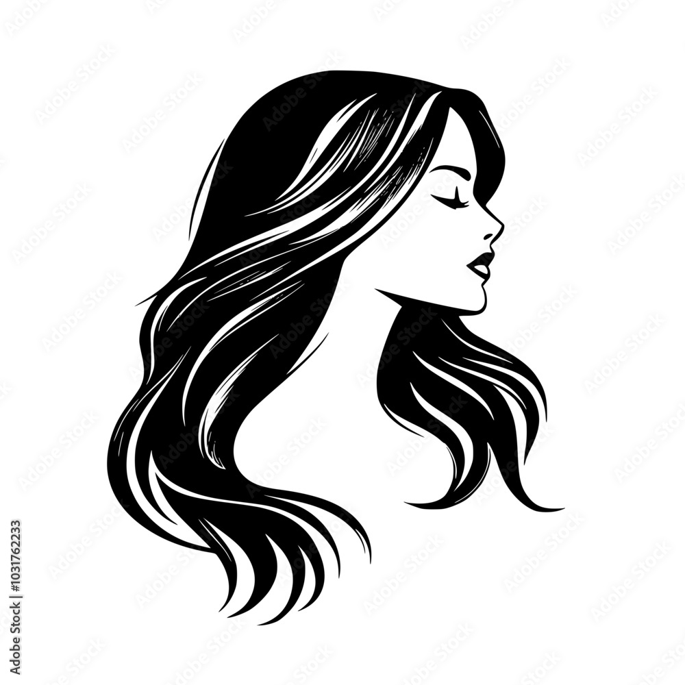 Elegant woman with flowing hair silhouette, Black-and-white silhouette of a woman's profile with flowing hair, showcasing elegance and beauty, isolated on a white background.
Elegant woman with flowing hair silhouette, Black-and-white silhouette of a woman's profile with flowing hair, showcasing elegance and beauty, isolated on a white background.