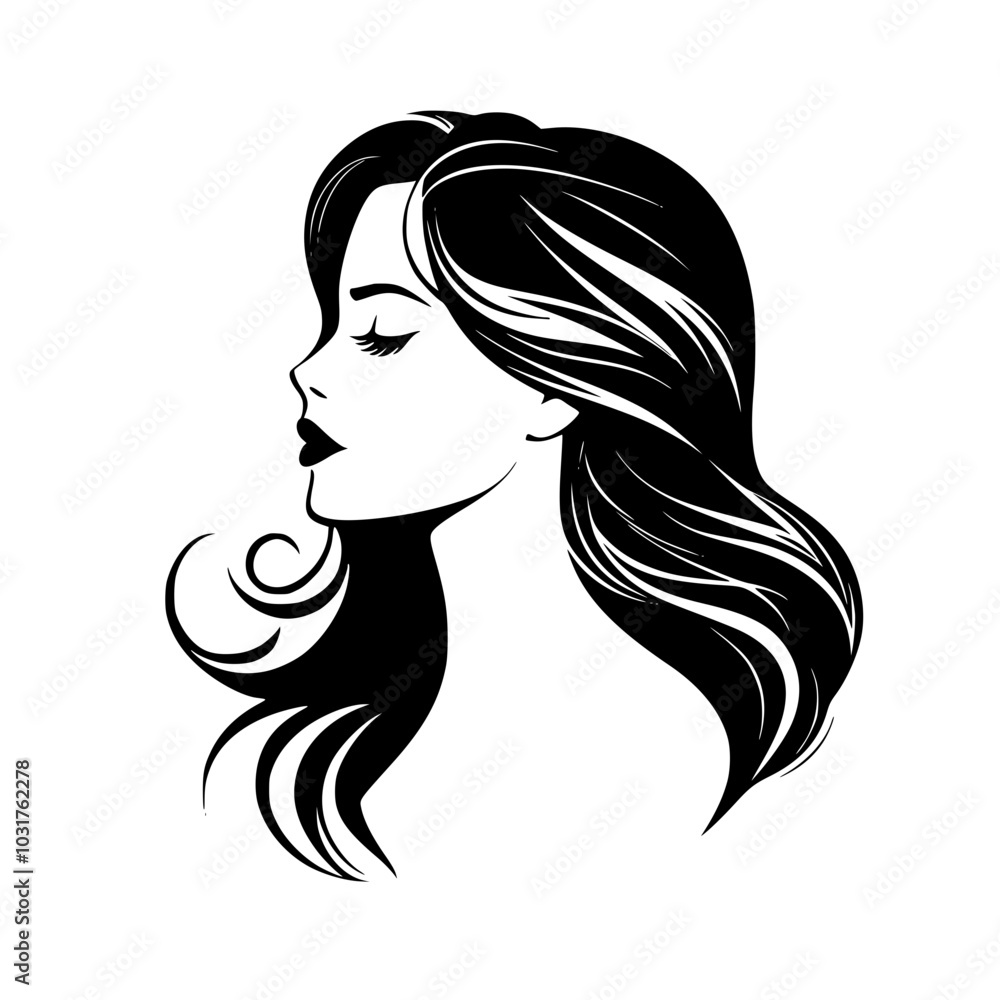Elegant woman with flowing hair silhouette, Black-and-white silhouette of a woman's profile with flowing hair, showcasing elegance and beauty, isolated on a white background.
Elegant woman with flowing hair silhouette, Black-and-white silhouette of a woman's profile with flowing hair, showcasing elegance and beauty, isolated on a white background.