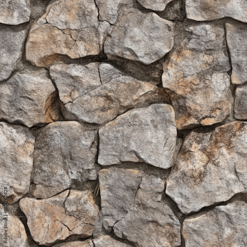 Rugged stone wall seamless texture featuring large, irregularly shaped rocks in natural gray and brown tones, creating a rustic and durable design Rugged stone wall seamless texture featuring large, irregularly shaped rocks in natural gray and brown tones, creating a rustic and durable design