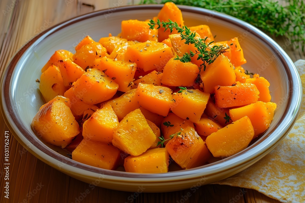 Roasted butternut squash with herbs in a bowl Roasted butternut squash with herbs in a bowl