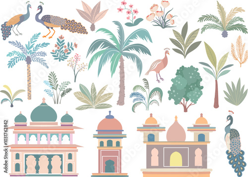 Indian gardens design elements, garden trees, palms, peacock architectural arches and palaces