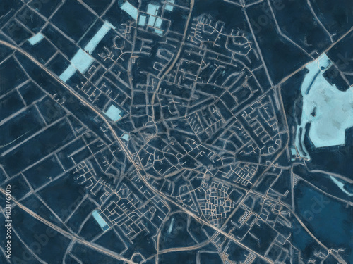 Painterly Style City Map of Pulheim, Germany in a Blue Color Scheme.