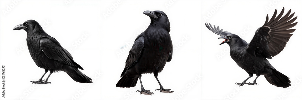 Fototapeta premium A trio of stylized ravens, showcasing different poses: standing, alert, and with wings spread, emphasizing their sleek black feathers.