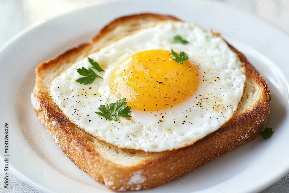 Plate with toasted bread and egg on table, closeup - generative ai Plate with toasted bread and egg on table, closeup - generative ai
