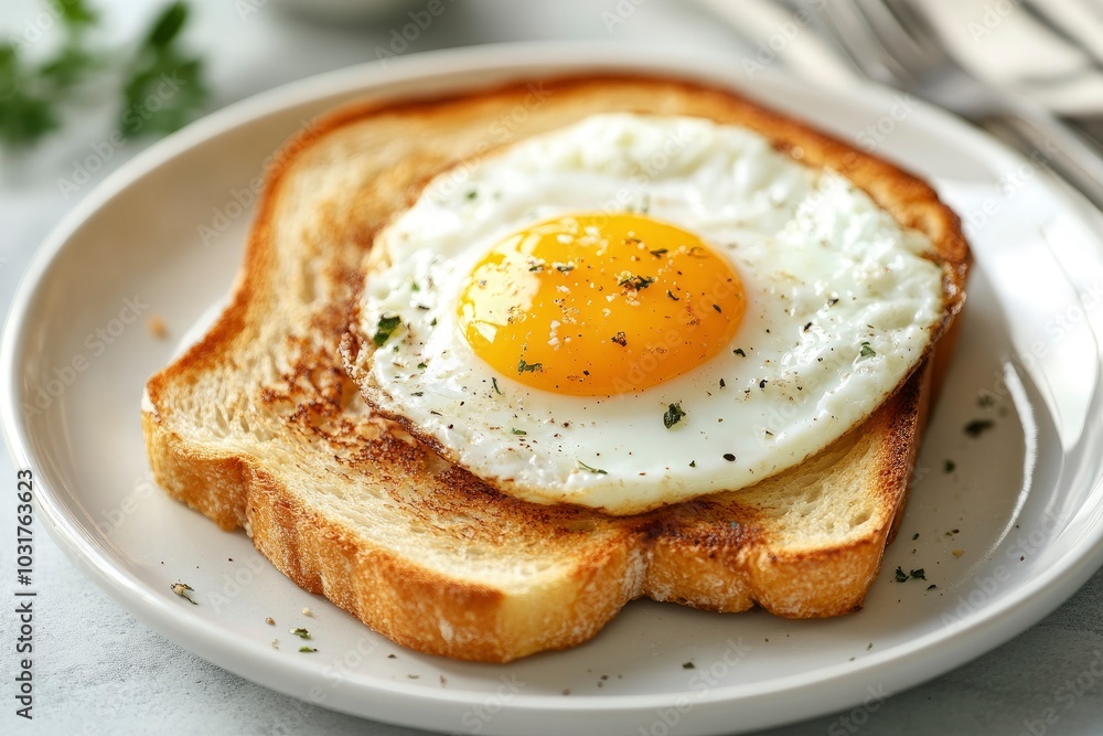 Plate with toasted bread and egg on table, closeup - generative ai Plate with toasted bread and egg on table, closeup - generative ai