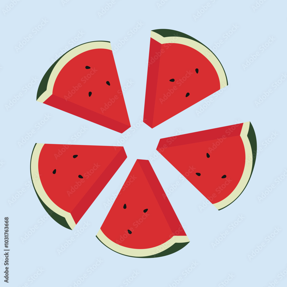Watermelon slices in radial pattern. Vector illustration of red watermelon isolated on white background, vector illustration on white background. Watermelon slices in radial pattern. Vector illustration of red watermelon isolated on white background, vector illustration on white background.