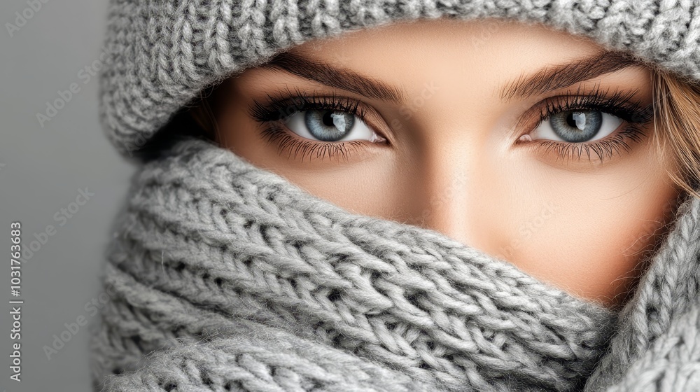 worn with a gray knitted scarf and a hat, also knitted worn with a gray knitted scarf and a hat, also knitted