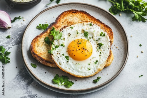 Plate with toasted bread and egg on table, closeup - generative ai