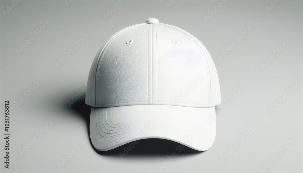 A white baseball cap lies on a light gray background, angled to the side...Concept: Baseball cap mockup, blank template, headwear, apparel. A white baseball cap lies on a light gray background, angled to the side...Concept: Baseball cap mockup, blank template, headwear, apparel.
