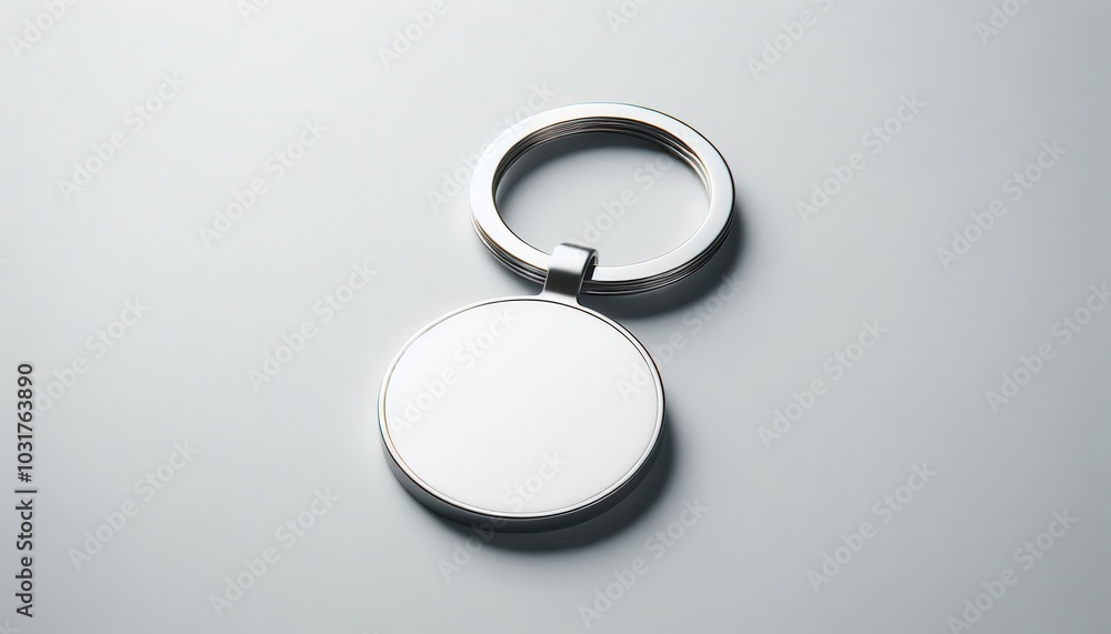 A silver keychain with a blank white circular area, slightly angled, on a light gray background...Concept: Keychain, mockup, blank template, promotional gift, metal. A silver keychain with a blank white circular area, slightly angled, on a light gray background...Concept: Keychain, mockup, blank template, promotional gift, metal.