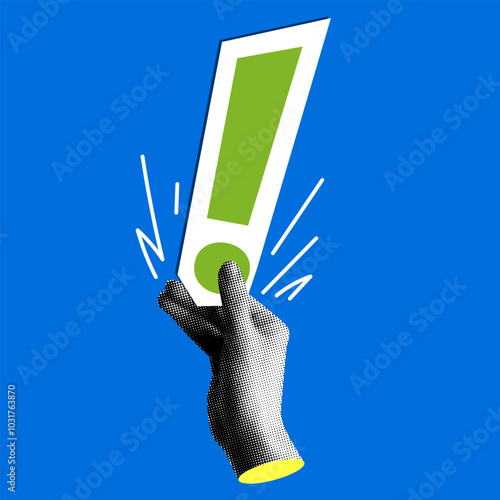Modern collage. Halftone hand holding exclamation mark. Attracting attention. Question solving