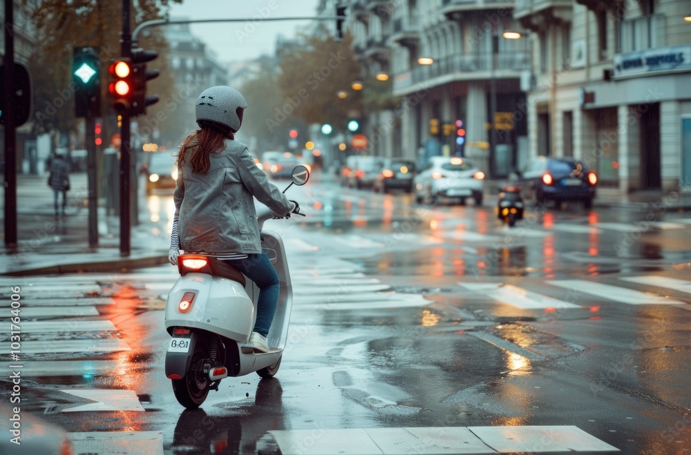 Young beautiful girl riding an electric scooter in the summer on the street Young beautiful girl riding an electric scooter in the summer on the street