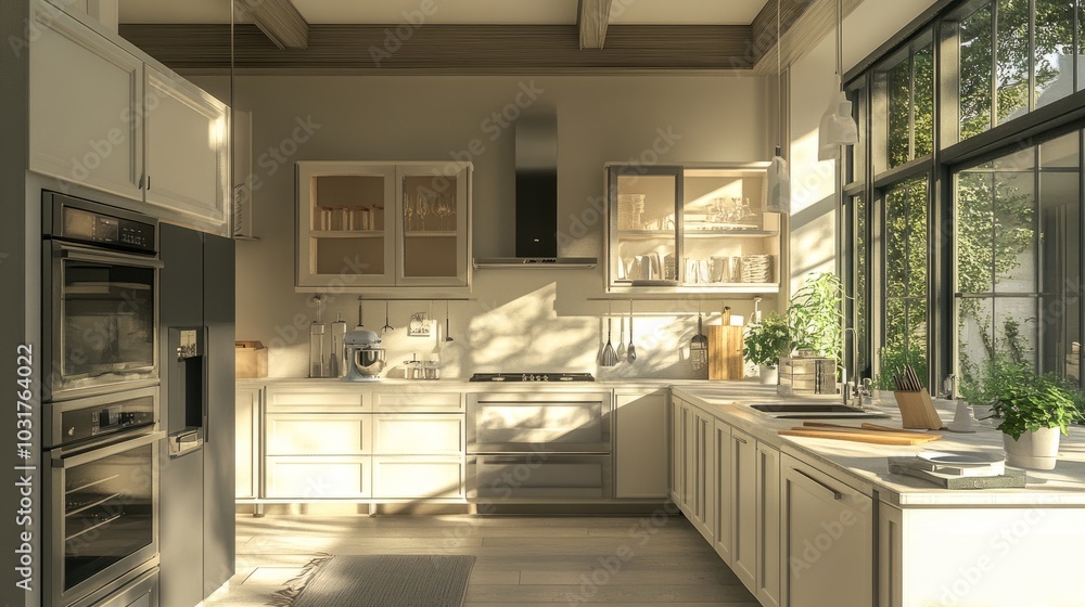 A functional kitchen with built-in appliances, natural lighting, and clean lines in a monochromatic design. A functional kitchen with built-in appliances, natural lighting, and clean lines in a monochromatic design.