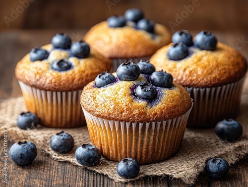 freshly baked blueberry muffins arranged artfully on a rustic wooden table, highlighting their golden tops and juicy blueberries, evoking a warm, inviting atmosphere perfect for a cozy breakfast