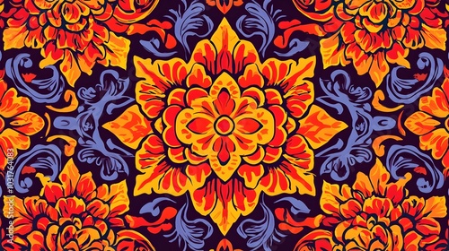 Vibrant Thai Floral Pattern with Intricate Designs for Textile and Backgrounds