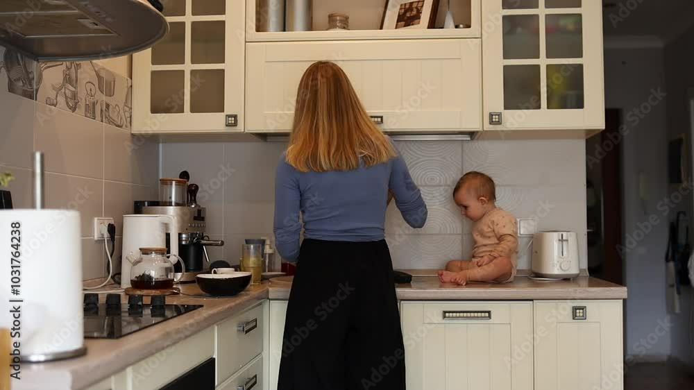 A small child is helping her mom clean the kitchen and wash dishes. Time-lapse. Home cleaning. A small child is helping her mom clean the kitchen and wash dishes. Time-lapse. Home cleaning.