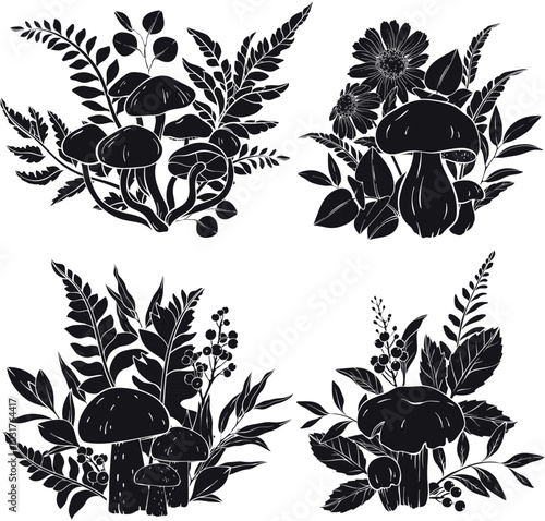 Set of different types of mushrooms silhouettes, flowers and berries, ferns.