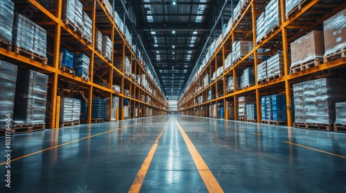 Warehouse Interior with Aisle and Shelves