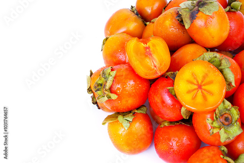 Orange persimmon fruits isolated on white background. Copy space for text. 