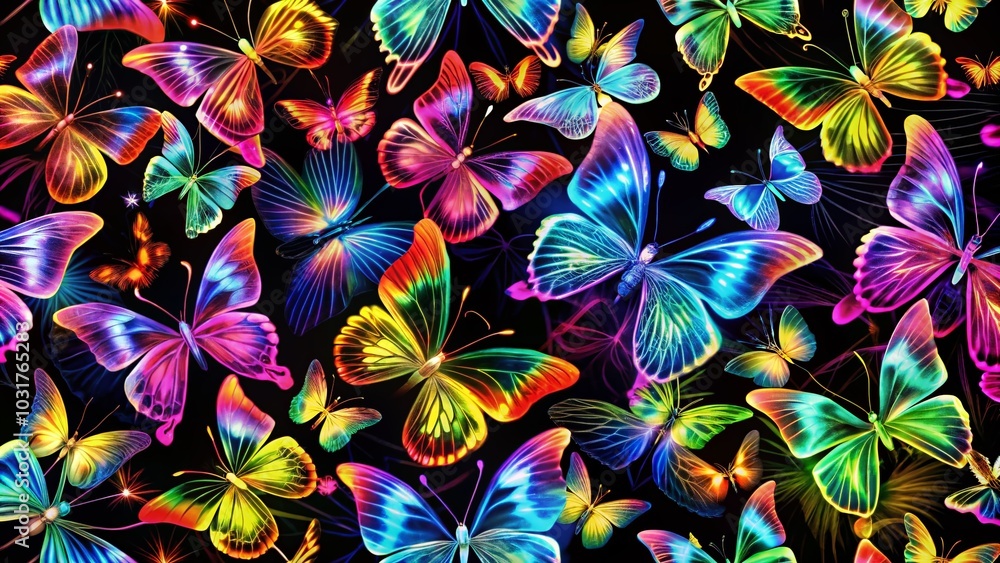 Fototapeta premium Vibrant Groovy Neon Butterflies Pattern on Black Background for Fashion Photography