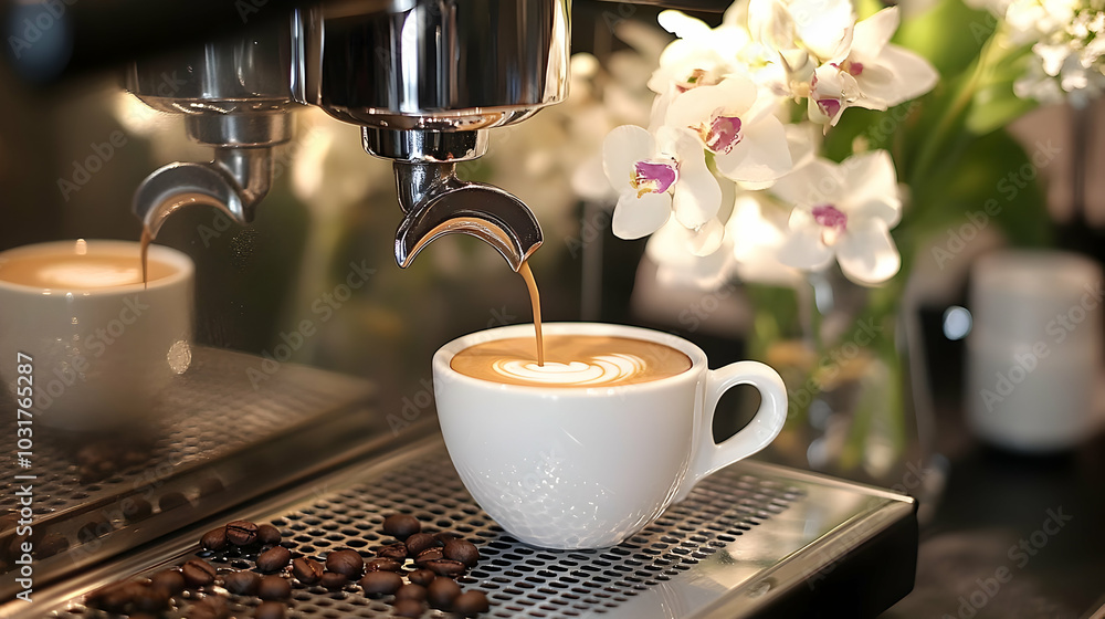 Coffee Latte Being Poured from Espresso Machine. Coffee Latte Being Poured from Espresso Machine.