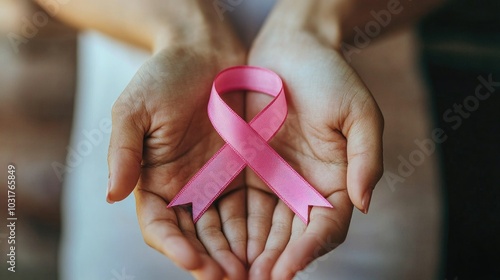 Wallpaper Mural International symbol for Breast Cancer Awareness month in October. Close-up of a woman's hand holding a satin pink ribbon Women's health and medical concept. Torontodigital.ca