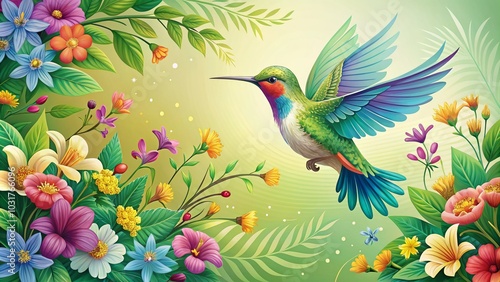 Vibrant Hummingbird and Floral Illustration with Copy Space for Design Use