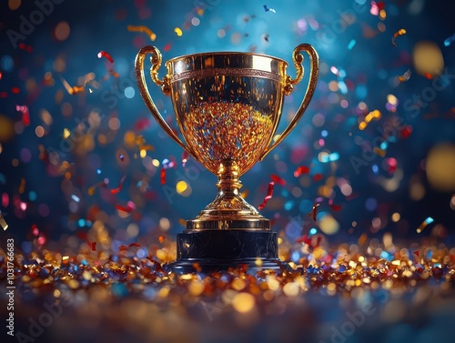 golden trophy gleaming under bright lights, surrounded by colorful streamers, set against a vibrant blue background that enhances the celebratory mood of sports competition