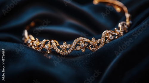 A luxury gold bracelet with intricate detailing and small embedded diamonds, lying on a smooth black velvet cloth.  photo