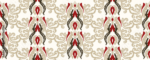 Embroidered Ikat flower pattern on a white background. Traditional ethnic ikat, Aztec abstract vector pattern, seamless pattern in tribal, folk embroidery and Mexican style.